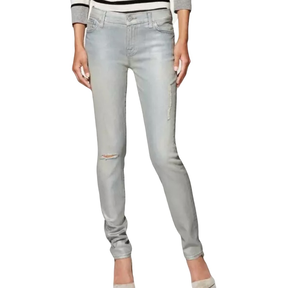 7 For All Mankind 7FAM Slim Cigarette Jeans Pearlized Blue Silver Coated Size 27